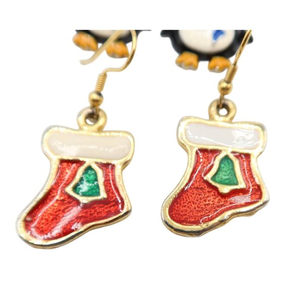 Enamel Stocking Penguin Christmas Theme Earrings Set Of 2 Winter Holiday Festive - Picture 3 of 6